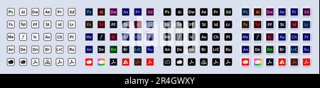 Adobe-Produkt. Logo-Satz von adobe-Produkten: adobe, Illustrator, photoshop, Creative Cloud, After Effects, lightroom. Logos von Adobe-Programmen Stock Vektor