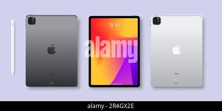 Apple iPad und Apfelstift. Ipad Mini, Air, Pro 2021. Screen ipad Vorder- und Rückseite ipa-Kollektion realistischer Tablets. Gerätemodell. Elektronik ein Stock Vektor