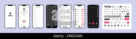 TIK Tok-Design. Tik Tok-Bildschirmvorlage für soziale Medien und soziale Netzwerke einrichten. Homepage, Empfehlungen, Abonnements. TIK Tok Bilderrahmen. Stock Vektor