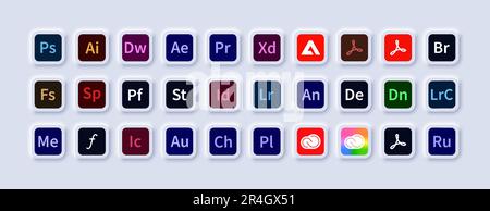 Adobe-Produkte. Logo-Satz von adobe-Apps: illustrator, photoshop, Creative Cloud, After Effects, lightroom, Premiere Pro. Programmlogos. Stock Vektor