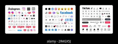 Instagram, Facebook, Tik Tok Buttons-Symbol. Legen Sie die Schnittstellenvorlage für soziale Medien und soziale Netzwerke für den Bildschirm fest. Geschichten, Symbole, Logo. Geschichten, gemocht, Stock Vektor