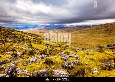 Blick vom Ballaghasheen Pass, County Kerry, Irland Stockfoto