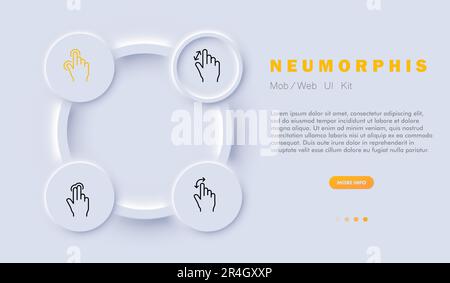 Touchscreen-Symbolgruppe. Touch-basierte Schnittstellen zur Steuerung elektronischer Geräte. Technologiekonzept. Neomorphismus-Stil. Vektorliniensymbol für Unternehmen Stock Vektor