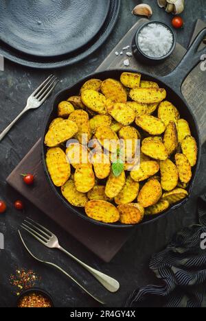 Im Ofen gebackene Kartoffeln in schwarzer Pfanne. Serviert mit Salz und Chiliflocken auf dunklem Hintergrund. Draufsicht mit Nahaufnahme. Stockfoto