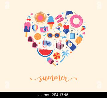 Im Sommer gibt es ein Herzdesign mit süßen Sommerkritzeleien und Ikonen am Strand. Erlebe die sommerliche Vector Graphic Elements Kollektion. Stock Vektor