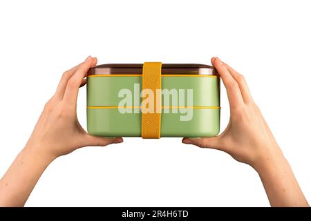 Lunchbox in Händen isoliert auf weißem Hintergrund. Stockfoto