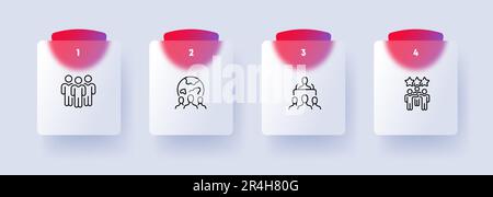 Symbolgruppe für Wahlprozess. Wahlkabine, Wahlzettel, Kandidaten, Demokratie, Bürgerbeteiligung. Abstimmungen . Glassmorphismus-Stil. Vektorliniensymbol für Busine Stock Vektor