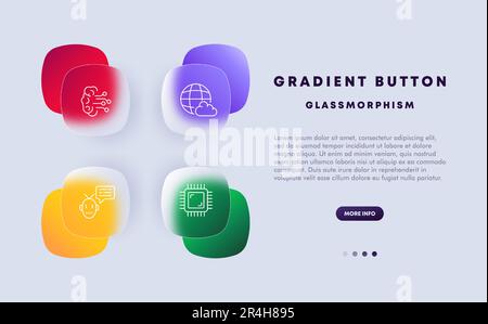 Künstliche Intelligenz – Symbolsatz. Neuronales Netzwerk, Datenverarbeitung. Maschinelles Lernen. Glassmorphismus-Stil. Vektorliniensymbol für Unternehmen und Werbung Stock Vektor