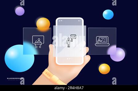 Symbolgruppe für menschliche Kommunikation. Gespräch, dialog, Zuhören, Sprechen. Verbindung. Glasmorphismus. Bildschirm der UI-Telefon-App. Vektorliniensymbol für Busine Stock Vektor