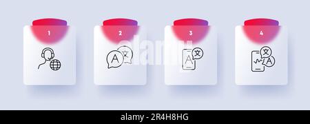 Symbolgruppe für Übersetzer. Sprachübersetzung, mehrsprachige Kommunikation, Verdolmetschung. Kommunikation. Glassmorphismus-Stil. Vektorliniensymbol für Busine Stock Vektor