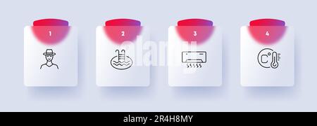 Symbolsatz Luftkühlung. Klimaanlage, Kühlsystem, erfrischende Brise, Temperaturregelung. Komfort. Glassmorphismus-Stil. Vektorliniensymbol für Busi Stock Vektor