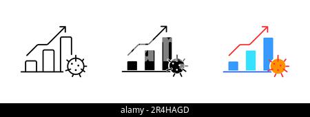 Eine Abbildung eines Diagramms mit einem Aufwärtspfeil und einem Virensymbol, das die Auswirkungen eines Virenausbruchs darstellt. Vektorsatz von Symbolen in Linie, Schwarz und Stock Vektor
