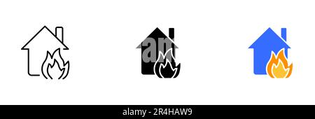 Abbildung eines brennenden Hauses, das die Gefahr und Zerstörung durch Brände in Wohngebäuden darstellt. Vektorsatz von Symbolen in Linie, bla Stock Vektor
