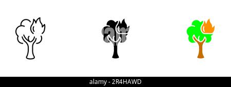 Eine Darstellung eines brennenden Baumes, der die Zerstörungskraft von Waldbränden und die Notwendigkeit von Brandschutzmaßnahmen darstellt. Vektorsatz von Symbolen in l Stock Vektor