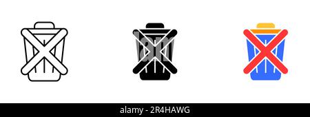Abbildung eines durchgestrichenen Abfallbehälters, der ein Verbot oder eine Warnung vor der Vermüllung und unsachgemäßer Entsorgung darstellt. Vektorsatz der Symbole i Stock Vektor