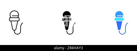 Eine Abbildung eines Mikrofons für Rundfunk, Kommunikation oder öffentliches Sprechen. Vektorsatz von Symbolen in Linien-, Schwarz- und Farbstilen Stock Vektor