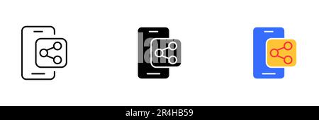 Ein Smartphone mit einem Share-Symbol auf dem Bildschirm. Dieses Symbol wird häufig verwendet, um Inhalte in sozialen Medien oder anderen Plattformen freizugeben. Vektorsatz von Symbolen in l Stock Vektor