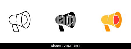 Eine Vektordarstellung eines Lautsprechers mit Schallwellen, die von ihm ausgehen. Vektorsatz von Symbolen in Linien-, Schwarz- und Farbstilen isoliert Stock Vektor