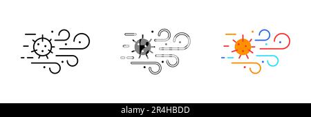 Eine Vektordarstellung eines in der Luft schwebenden Viruspartikels, dargestellt durch Bewegungslinien und Wirbel um ihn herum. Vektorsatz von Symbolen in Zeile, schwarz A Stock Vektor