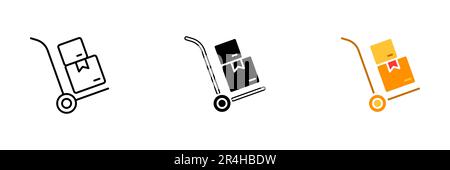 Eine Vektordarstellung einer Lieferbox, die den Transport und die Lieferung von Waren oder Paketen darstellt. Vektorsatz von Symbolen in Linie, Schwarz und Stock Vektor