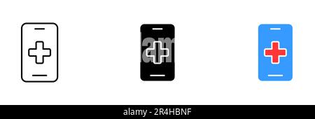 Ein Smartphone mit einem Plus-Symbol auf weißem Hintergrund. Vektorsatz von Symbolen in Linien-, Schwarz- und Farbstilen isoliert. Stock Vektor