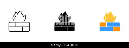 Eine intensive und dramatische Illustration einer brennenden Wand, die Gefahr, Zerstörung und Chaos darstellt. Vektorsatz von Symbolen in Linien, Schwarz und farbigen s. Stock Vektor