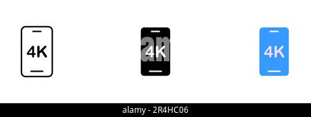 Eine Datei mit einem Telefonbild, in dem ein 4K-Symbol in der Ecke des Bildschirms angezeigt wird. Das Telefon ist schlank und modern. Vektorsatz von Symbolen in Zeile, schwarz A Stock Vektor