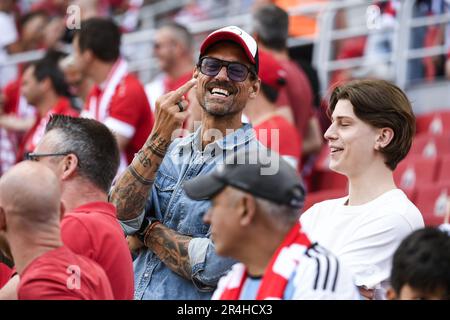 Antwerpen, Belgien. 28. Mai 2023. Antwerpens Fans wurden während eines Fußballspiels zwischen dem Royal Antwerpen FC RAFC und der Royale Union Saint-Gilloise am Sonntag, den 28. Mai 2023 in Antwerpen, am 5. Tag der Spiele der Champions in der ersten Liga der „Jupiler Pro League“ der belgischen Meisterschaft dargestellt. BELGA FOTO GOYVAERTS Kredit: Belga News Agency/Alamy Live News Stockfoto