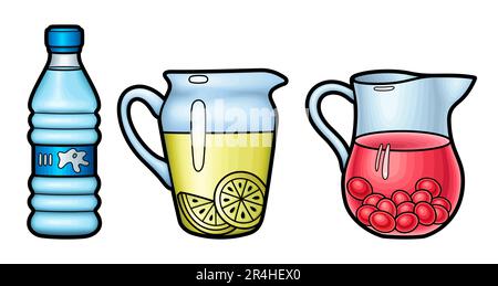 Zeichentrickset mit Doodle-Getränken. Sommer Strandgetränke Vektor lustige Illustration. Isoliert auf weißem Hintergrund Stock Vektor