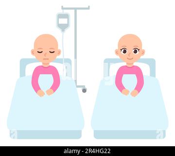 Krebskrankes Kind, kleines Mädchen im Krankenhausbett unter IV-Chemotherapie. Süße Cartoon-Illustration im flachen Vektorstil. Stock Vektor