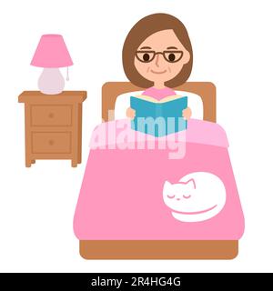 Frau mittleren Alters, die im Bett Buch liest, mit schlafender Katze. Süße Cartoon-Vektordarstellung. Schlafenszeit-Entspannungsroutine. Stock Vektor