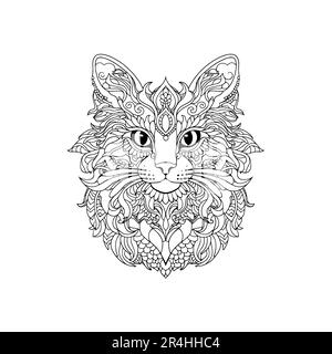 Schwarzer Katzenlinienvektor für Malbuch. Dekorative Kritzelkatze isoliert auf weiß. Stock Vektor