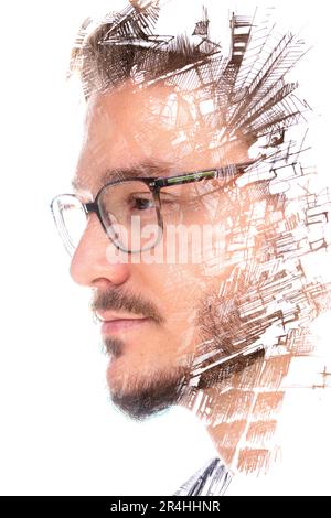 Paintographie. Kreatives Porträt eines Mannes mit Schnurrbart und Bart Stockfoto