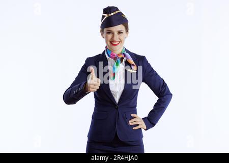 Fröhliche, elegante weibliche Stewardess auf weißem Hintergrund in Uniform, die Daumen nach oben zeigt. Stockfoto