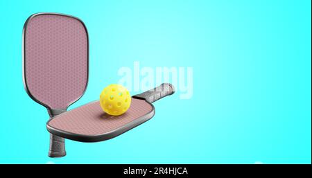 Pickleball. Schläger und Sportball auf einem isolierten Hintergrund. 3D-Rendering Stockfoto