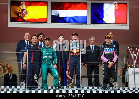 BEN SULAYEM Mohammed (vae), Präsident der FIA, ALONSO Fernando (Spa), Aston Martin F1 Team AMR23, HSH Prinzessin Charlene aus Monaco, auch bekannt als Charlene Lynette Wittstock, VERSTAPPEN Max (Ned), Red Bull Racing RB19, OCON Esteban (Fra), Alpine F1 Team A523, Porträt während des Formel 1 Grand Prix de Monaco 2023, 6. Runde der Formel-1-Weltmeisterschaft 2023 vom 26. Bis 28. Mai 2023 auf dem Circuit de Monaco in Monaco - Foto: Florent Gooden/DPPI/LiveMedia Stockfoto