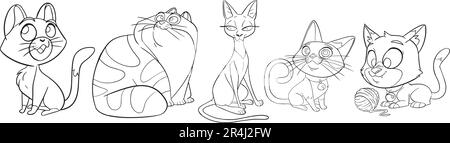 Vektorset einer Cartoon-Katze. Tierfigur für Kinder. Handgezeichnete Strichzeichnungen lustiger Katzen. Große Katzensammlung für Kinder, Stock Vektor