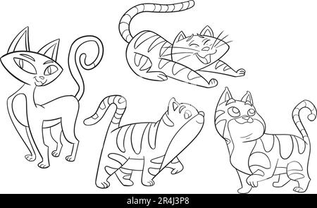 Vektorset einer Cartoon-Katze. Tierfigur für Kinder. Handgezeichnete Strichzeichnungen lustiger Katzen. Große Katzensammlung für Kinder, Stock Vektor