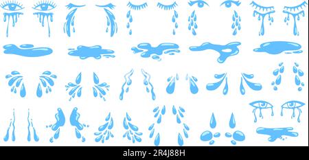 Cartoon fällt, Tränen, Regentropfen tropfen. Tränentropfen aus dem Auge, Wassertropfen Schweiß. Augen weinen, Sprints und Pfützen-neoterische Vektorset Stock Vektor