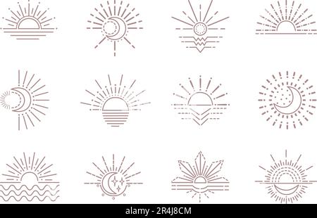 Leinenboho Mond- und Sonnensymbole. Umriss von Zigeunern, Sonnenschein-Design, unkonventionelle Symbole. Neoterische Vektorelemente für Sonnenuntergang, Yoga-Logo oder Tätowierungsschablone Stock Vektor