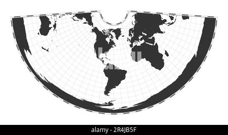 Vector-Weltkarte. Konische äquidistante Projektion. Geografische Karte mit Breiten- und Längengraden. Zentriert auf 60deg E-Längengrad. Vektor Stock Vektor