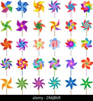 Pinwheel. Bunte Windmühlen Spielzeuge Attraktionen für Kinder jüngste Vektordrehscheiben jüngste Vektor-Zeichentrickset Stock Vektor