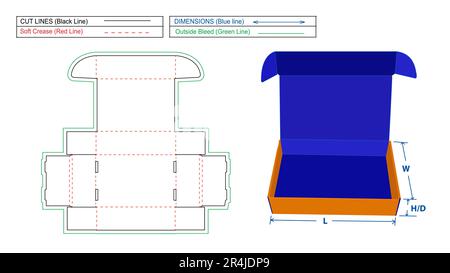 Roll End Front Tuck (REFT) Wellpappenbox oder Versandkarton die-Line-Vorlage und 3D-Renderdatei Stock Vektor