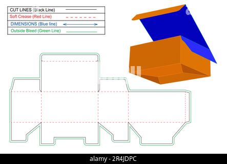 Automatische untere Verriegelung oben oder untere Verriegelung Klappverschluss Dieline-Vorlage und 3D-Renderkästchen Stock Vektor