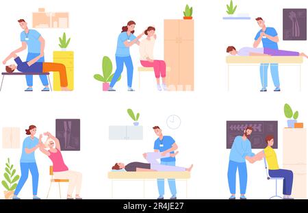 Osteopatherapie. Osteopathische Massage, chiropraktische Physiotherapie oder manuelle Therapieanpassung und Rehabilitation der Wirbelsäule stabilisieren Manipulation, Vektordarstellung der chiropraktischen Massagebehandlung Stock Vektor