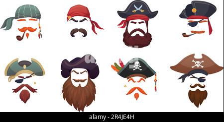 Piratenmasken. Carnival Sea Pirates Gesichter Maske, Cartoon Bandana corsair Kopf Sea Pirate Kostüm Bart und Haar für Filter oder Humor Avatar, geniale Vektor Illustration des Head Face Charakter Stock Vektor