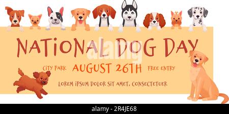 Nationaler Hundetag. Internationale Hunde Wertschätzung oder Rasse, die Preise überreicht, Veterinär Flyer Cartoon Hündchen reinrassige Haustiere, Tierparty Feier Banner Vektor Illustration des Hundetiertags Stock Vektor