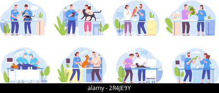 Tierärzte untersuchen Haustiere. Tierarzt Krankenpflegeuntersuchung kranke Tiere in Tierklinik oder medizinischem Heimtierkrankenhaus, Welpen Hund Katze Papagei Ultraschall Behandlung Splendid Vektor Illustration Stock Vektor