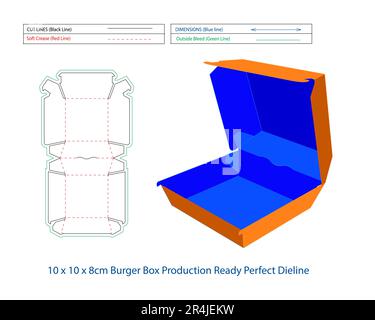 Hamburger Box die-Line Fast Food Burger Box und die-Cut Schablone Selbstmontage umweltfreundlich, Kasten ohne Klebstoff erforderlich Stock Vektor