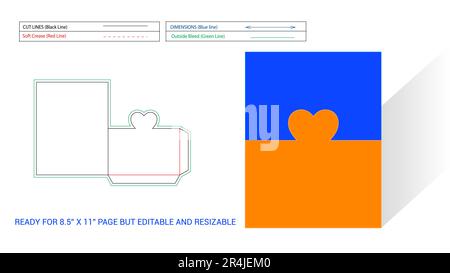Herzschnittform die-Line-Tasche oder -Ordner, 3D bereit für eine Seite von 8,5 x 11 Zoll, aber bearbeitbar und in der Größe anpassbar Stock Vektor